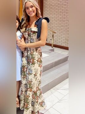 Cream Floral Midi Dress with Bow Straps